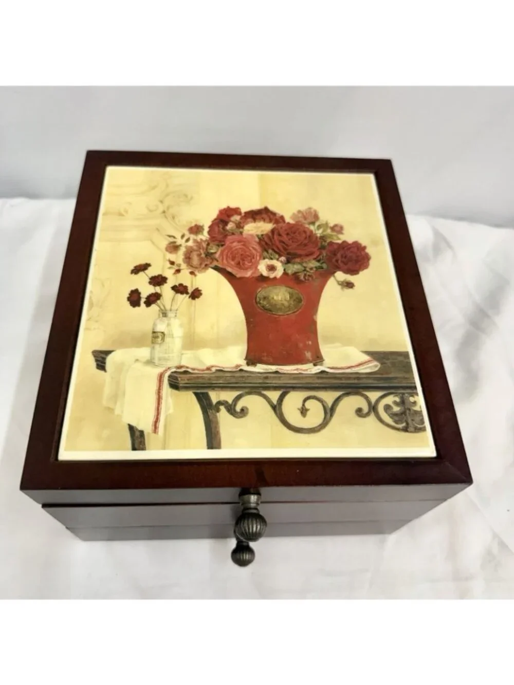 Vintage 2004 Croft & Barrow Wooden Jewelry Box Floral Ceramic Lid 2 Drawer New